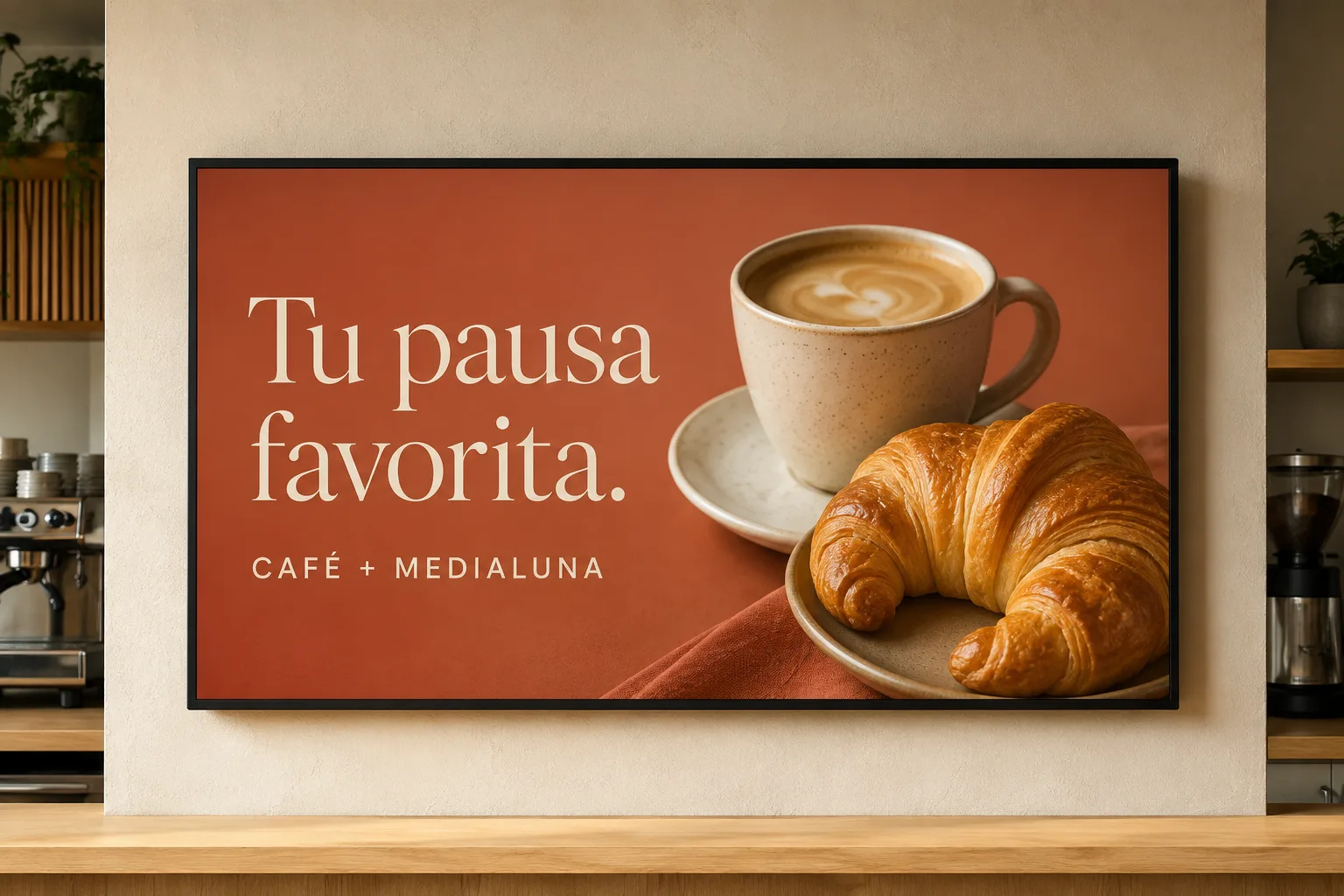 Ejemplo ilustrativo: una pantalla en una cafetería muestra café y medialunas