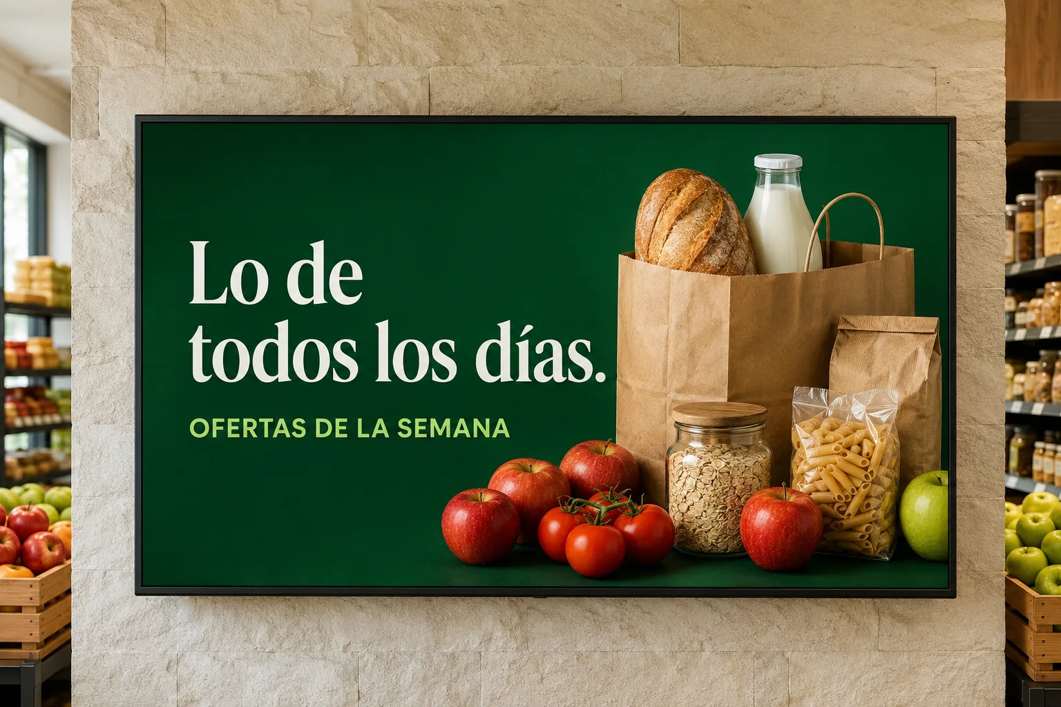 Ejemplo ilustrativo: una pantalla en un almacén o supermercado muestra una oferta de alimentos y productos cotidianos