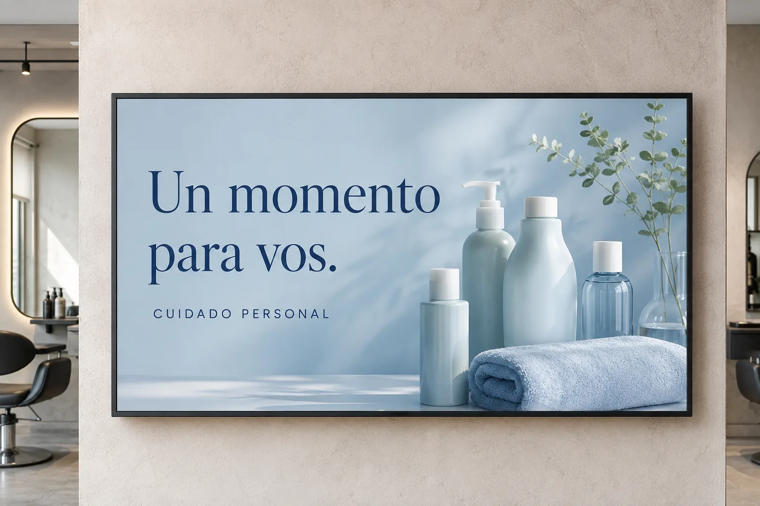 Ejemplo ilustrativo: una pantalla en un salón presenta productos de cuidado personal